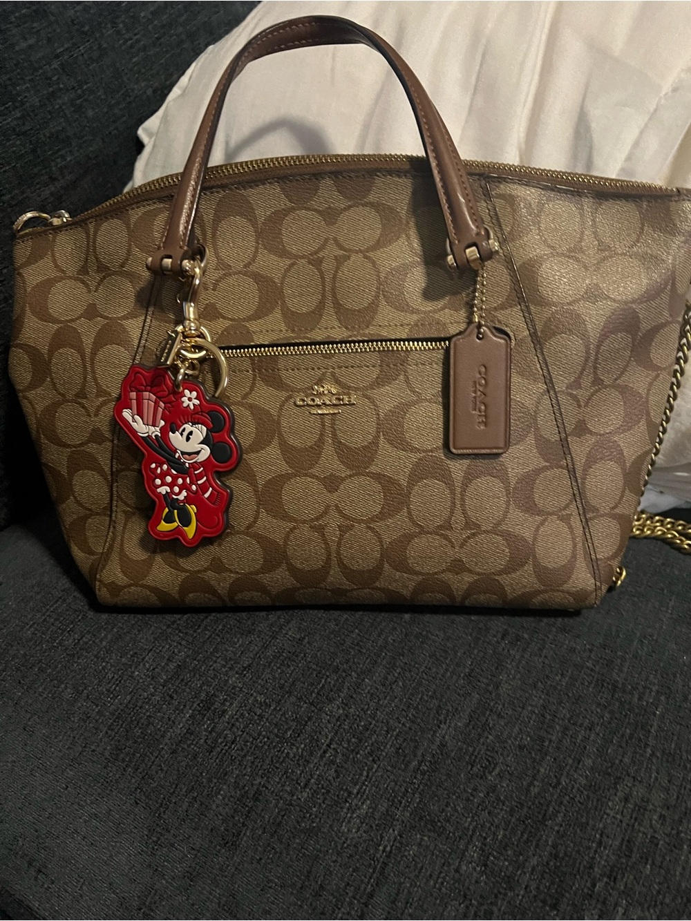 Coach Brown Signature Canvas Satchel with Minnie Charm - Picture 2 of 12